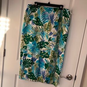 RAFAEL Blue and Green Leaf Print Skirt 100% silk
